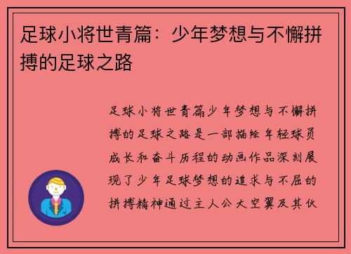 足球小将世青篇：少年梦想与不懈拼搏的足球之路